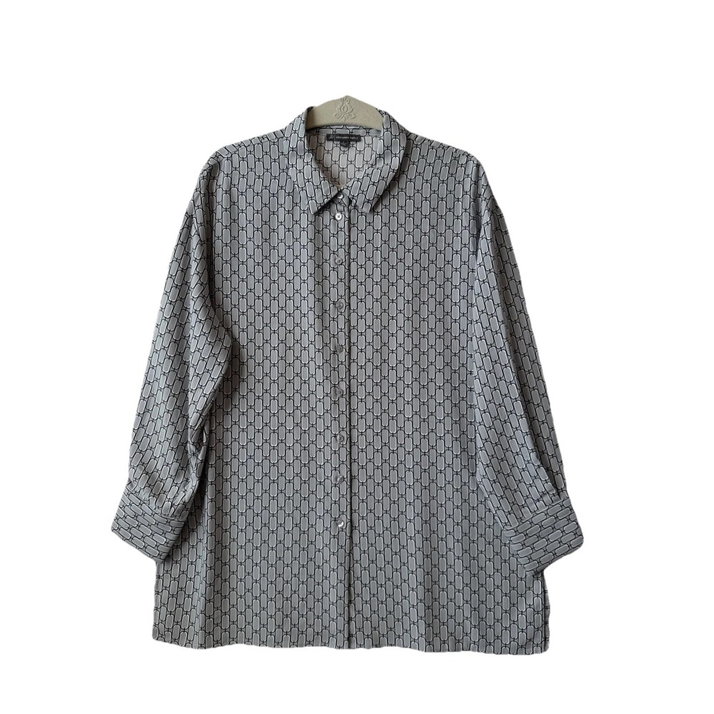 Adrianna Papell Geometric Gray‎ Button Up Tunic Blouse Women's L Scandi Office